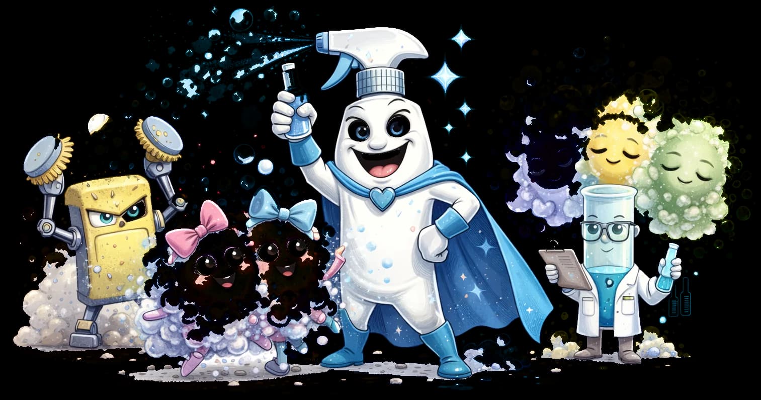 The Clean Team: a scrubbing robot made from a sponge, two foamy sisters with bows, a grinning spray bottle in a blue cape, a beaker in a lab coat and three sleepy scented clouds