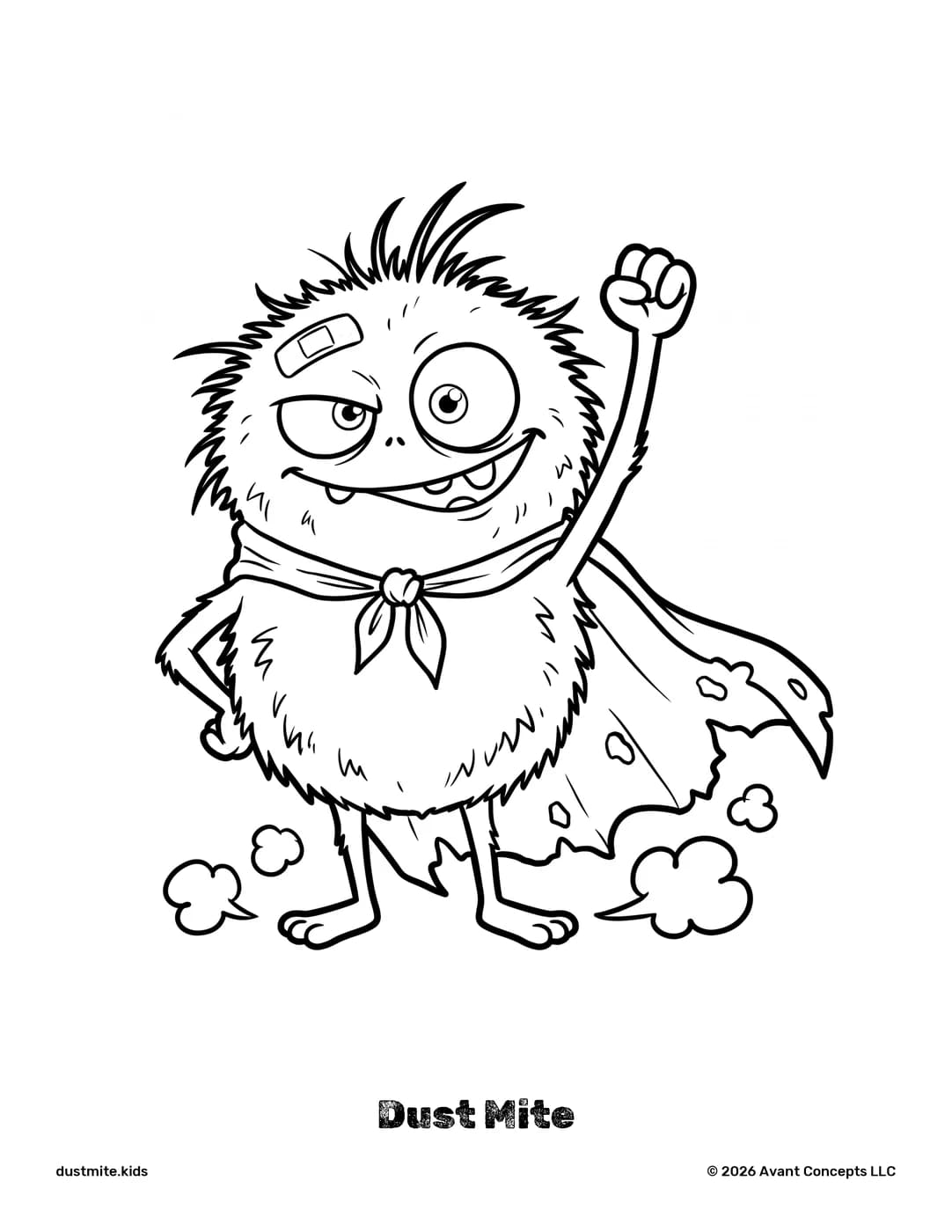 The coloring page: Dust Mite in outline, one fist in the air, with his name underneath