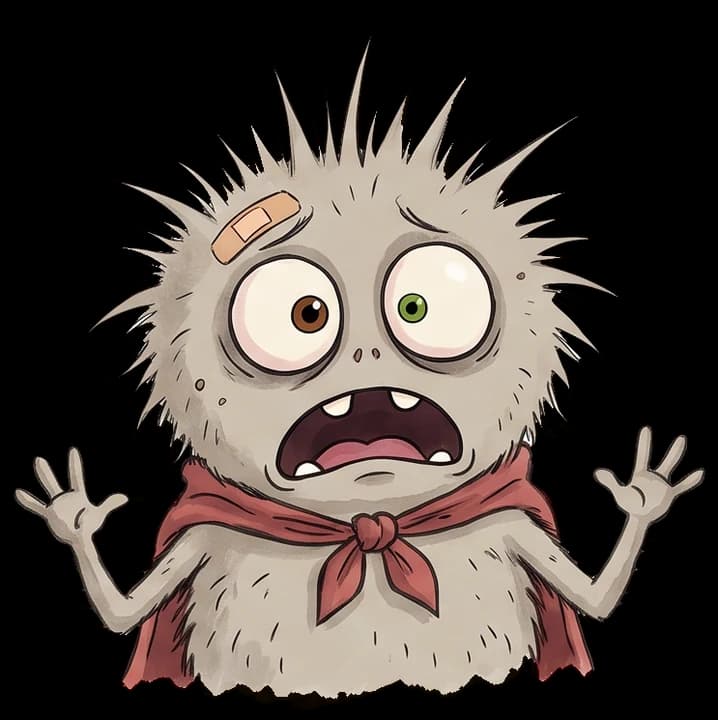 Dust Mite wide-eyed with his hands in the air and his hair on end